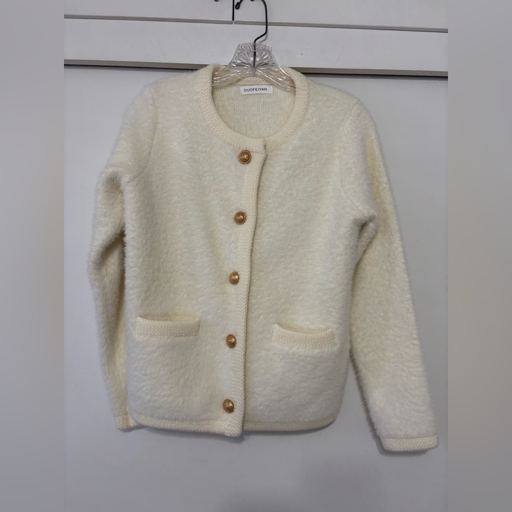 Cream Gold and Button-Up Furry Cardigan Pockets Women’s M